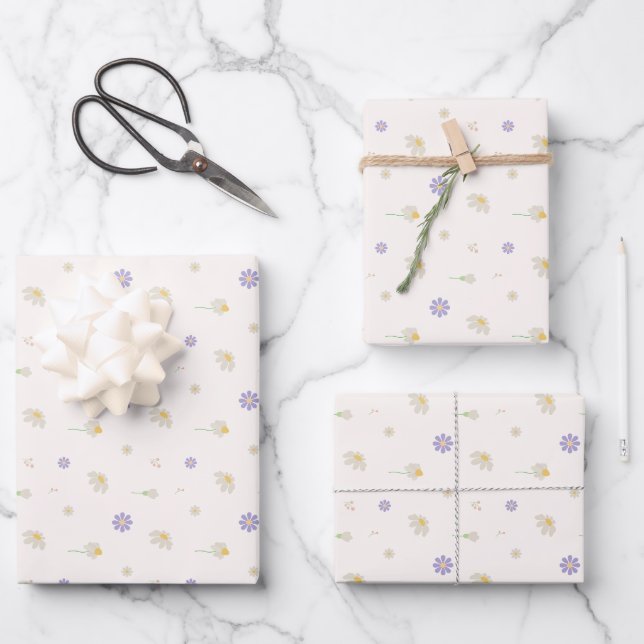Pastel Daisy Floral Pattern Wrapping Paper Sheet (Front)