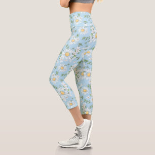Pastel Daisy Flower Garden Pattern Capri Leggings