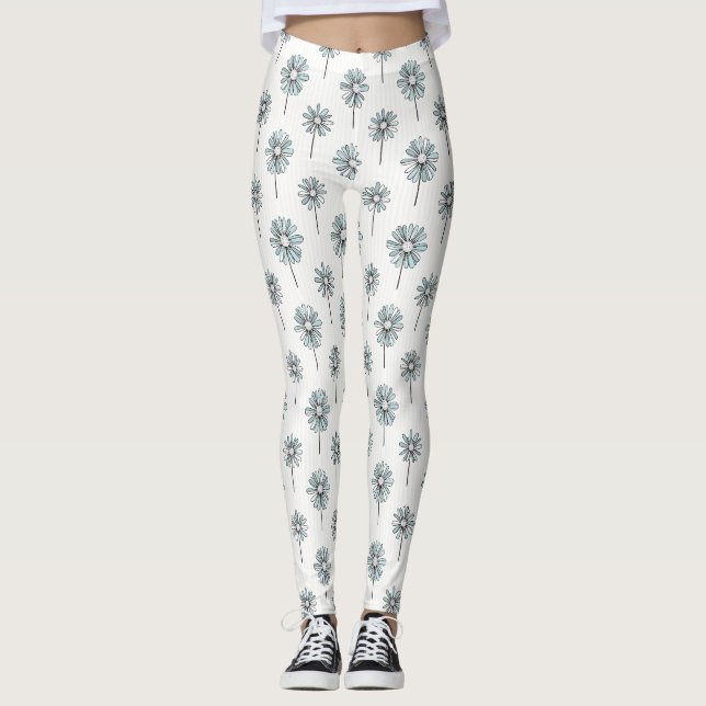 Pastel Daisy Line Art Stripe Leggings (Front)