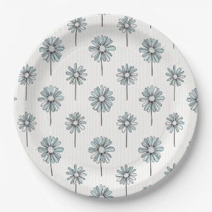 Pastel Daisy Line Art Stripe Paper Plate