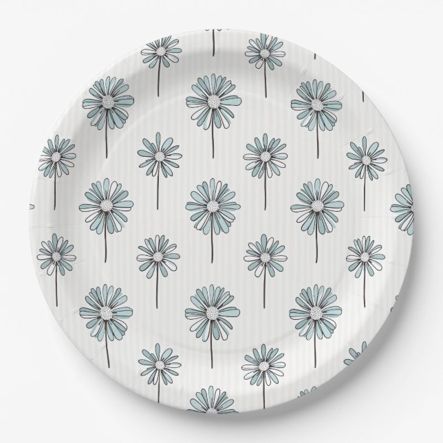 Pastel Daisy Line Art Stripe Paper Plate (Front)