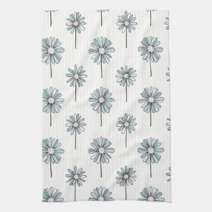 Pastel Daisy Line Art Stripe Tea Towel
