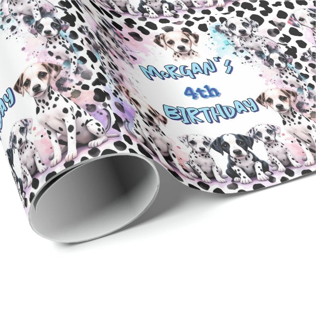Pastel Dalmatian Puppy Watercolor Birthday Wrapping Paper (Roll Corner)
