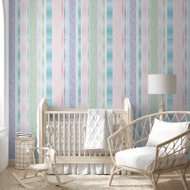 Pastel Damask and Striped Design Wallpaper (Kids)