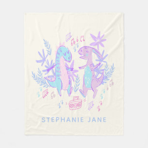 Pastel Dancing Dinosaurs Purple Blue Personalised Fleece Blanket