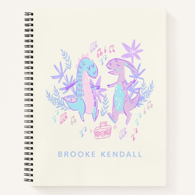 Pastel Dancing Dinosaurs Purple Blue Personalised Notebook (Front)