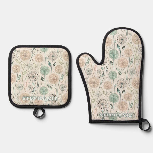 Pastel Dandelion Dreams – Whimsical Floral (2) Oven Mitt & Pot Holder Set (Front)