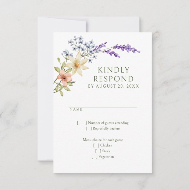 Pastel Delicate Wildflowers Wedding RSVP Card (Front)