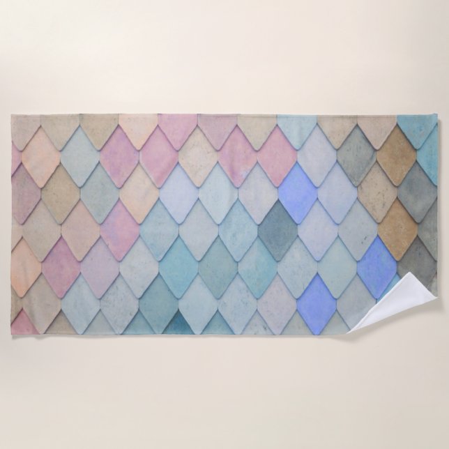 Pastel Diamond Pattern Mermaid Blue Green Pink Beach Towel (Front)