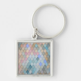 Pastel Diamond Pattern Mermaid Blue Green Pink Key Ring