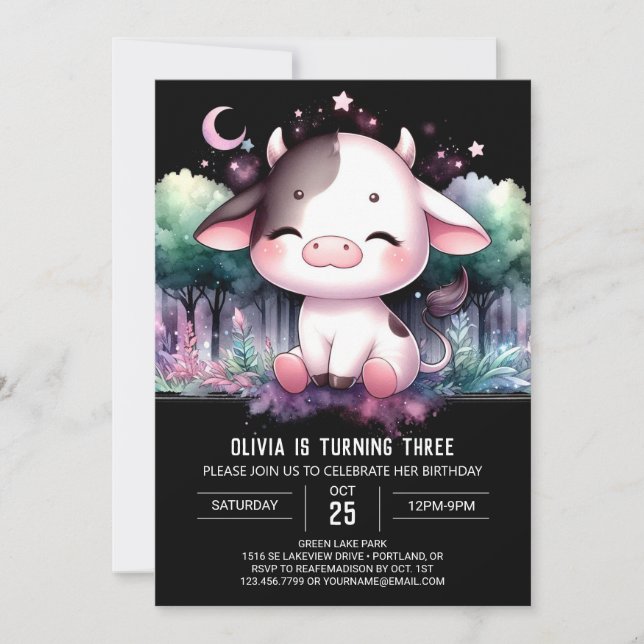 Pastel Digital Cow Birthday Invitation (Front)