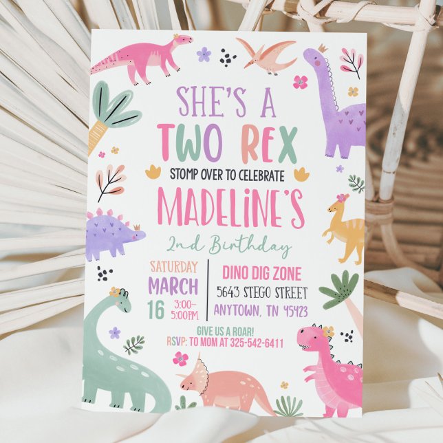 Pastel Dinosaur 2nd Birthday Invitation Girl Two 2 (Creator Uploaded)