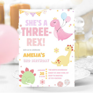 Pastel Dinosaur 3rd Birthday Pink Three Rex Dino Invitation