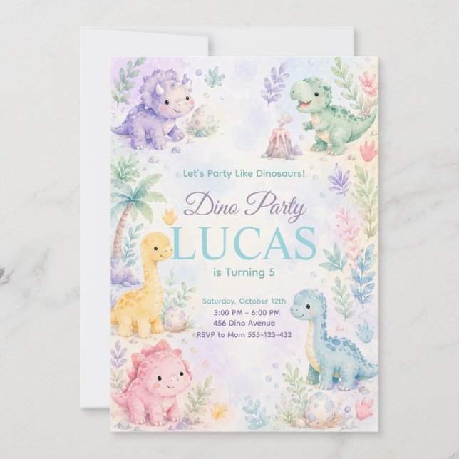 Pastel Dinosaur Birthday Invitation Editable (Front)