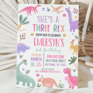 Pastel Dinosaur Birthday Invitation Girl Three Rex