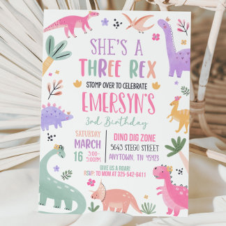 Pastel Dinosaur Birthday Invitation Girl Three Rex