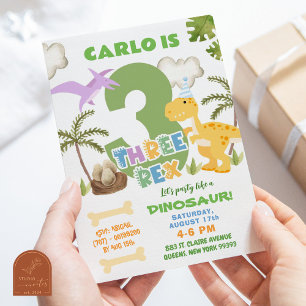 Pastel Dinosaur Boy Three Rex Birthday Party Invitation