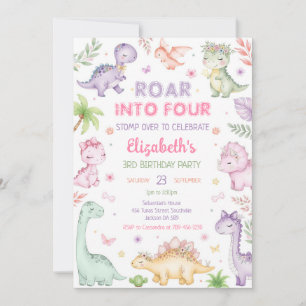 Pastel Dinosaur Roar Into Four Girl 4th Birthday Invitation