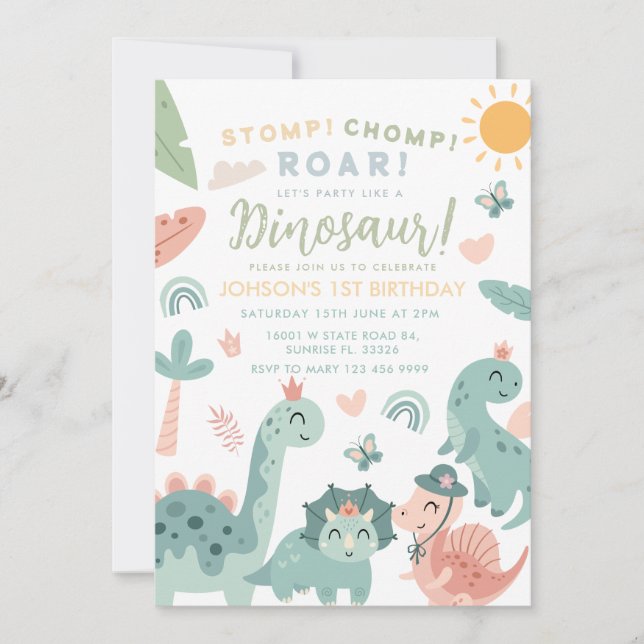 Pastel Dinosaur Stomp Chomp Roar 1st Birthday  Invitation (Front)