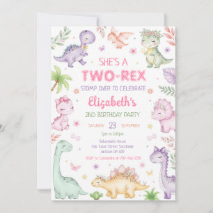 Pastel Dinosaur Two Rex Girl 2nd Birthday Invitation