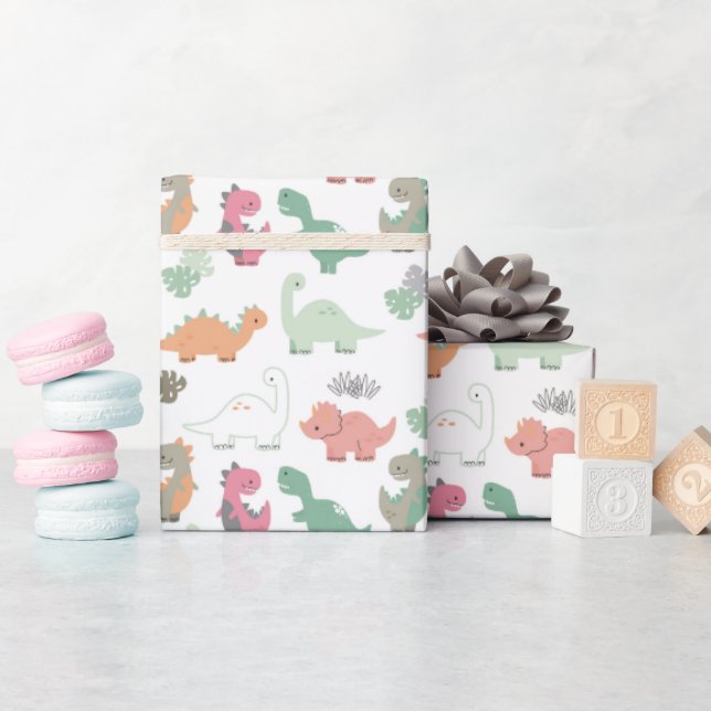 Pastel Dinosaurs on White Background Wrapping Paper (Baby Shower)