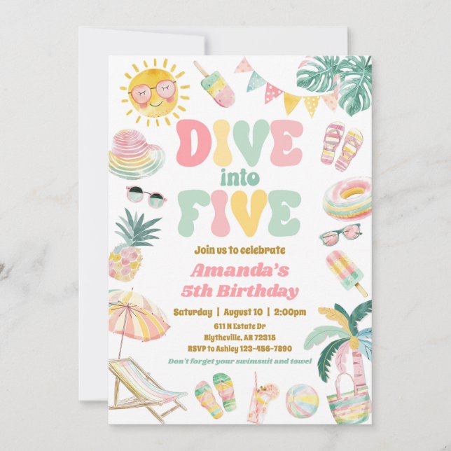 Pastel Dive into Five Pool Party Invitation (Front)