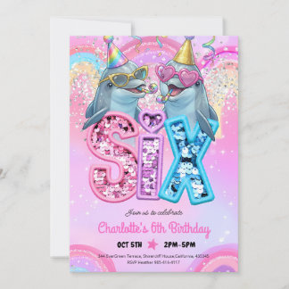 Pastel Dolphin Pool Party 6th Birthday Invitation