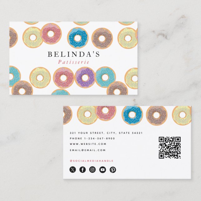 Pastel Doughnuts & Sprinkles Pastry Chef QR Code Business Card (Front/Back)