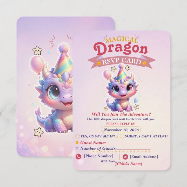 Pastel Dragon Birthday Adventure RSVP Card (Front/Back)