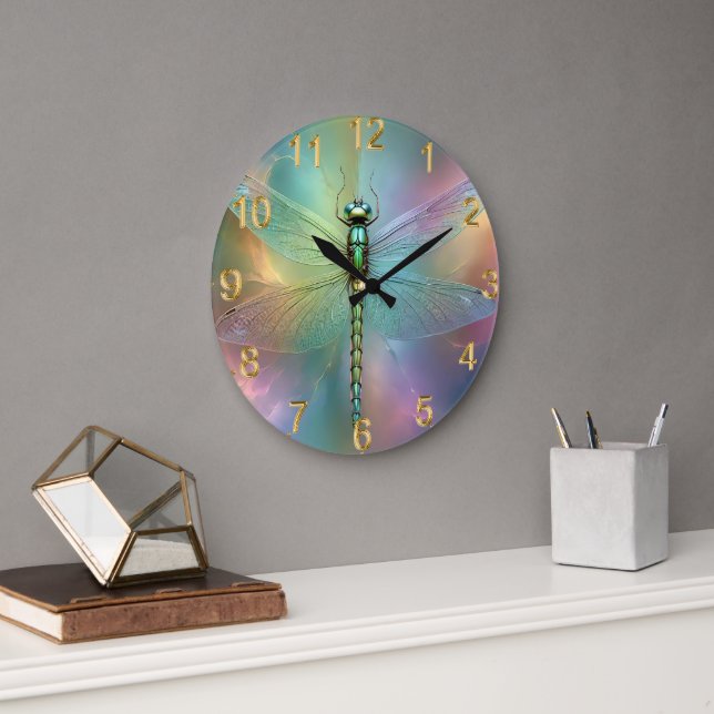 Pastel Dragonfly Fractal Art, Large Clock (Office)