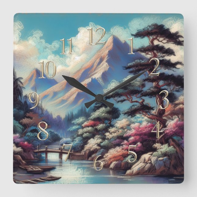 Pastel Drawing Ancient Asian Landscape Mountain Square Wall Clock (Front)