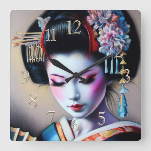 Pastel Drawing Beautiful Japanese Woman Fan Square Wall Clock