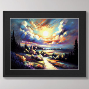 Pastel Drawing Colorful Nighttime Landscape  Poster
