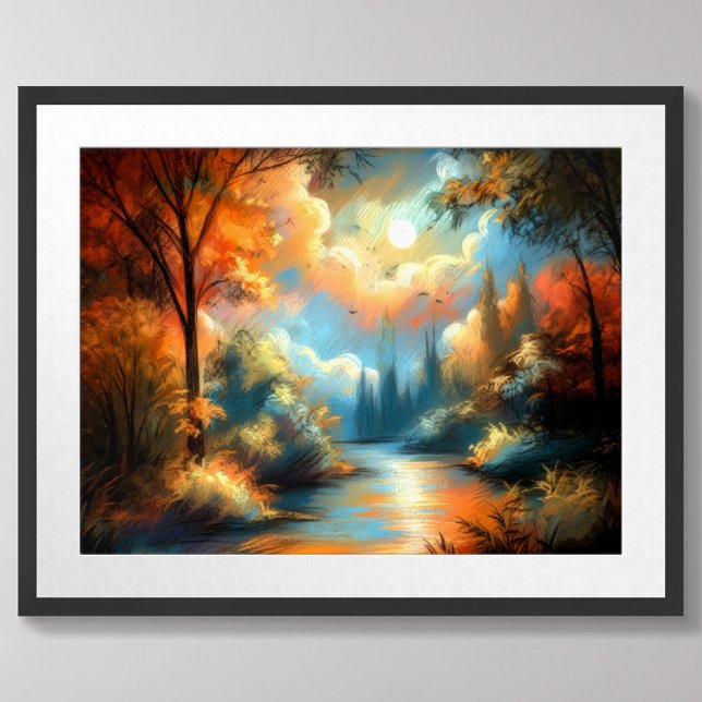 Pastel Drawing Colourful Landscape River Trees Sky Poster (Creator Uploaded)
