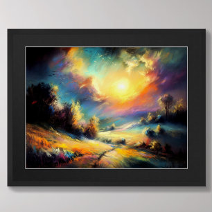 Pastel Drawing Colourful Nighttime Landscape Moon Poster