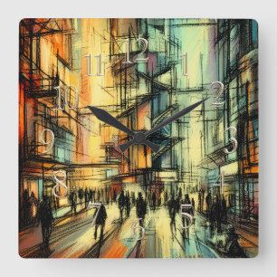 Pastel Drawing Futuristic Comic Style City Square Wall Clock