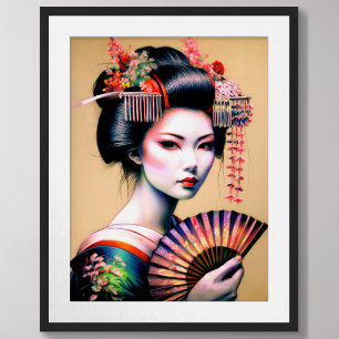 Pastel Drawing Geisha Kimono Fan Poster