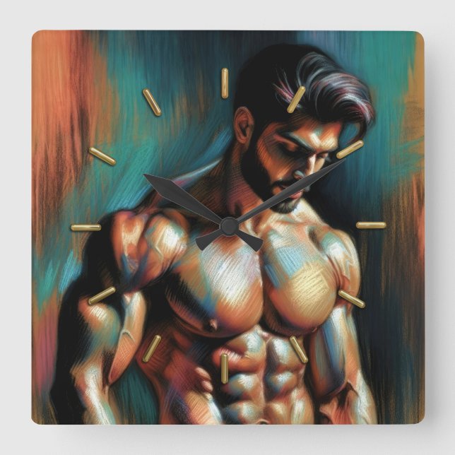 Pastel Drawing Handsome Shirtless Man Square Wall Clock (Front)