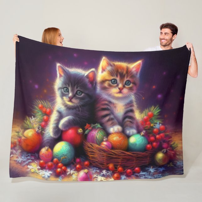 Pastel Drawing Kittens Christmas Purple Fleece Blanket (In Situ)