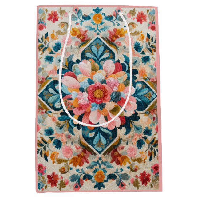 Pastel Drawing of a Floral Pattern Block Medium Gift Bag (Front)