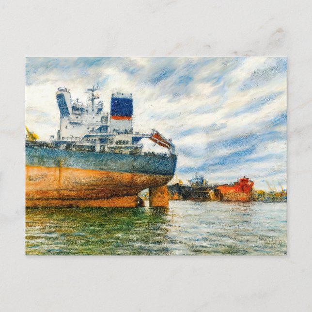 Pastel drawing of cargo ship in Danzig sea harbour Holiday Postcard (Front)