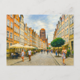 Pastel drawing of Danzig Mariacka Street in summer Holiday Postcard