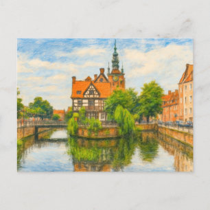 Pastel drawing of Danzig’s old mill on Radunia Can Holiday Postcard