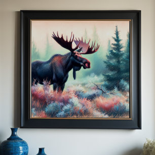 Pastel Drawing of Moose in Nature Poster