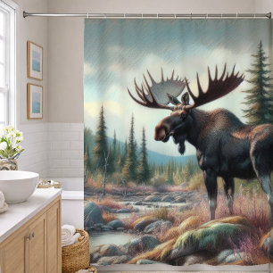 Pastel Drawing of Moose in Nature Shower Curtain