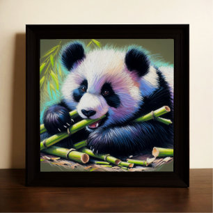 Pastel Drawing of Panda Bear Bamboo Poster