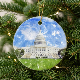 Pastel Drawing of the United States Capitol Ceramic Tree Decoration