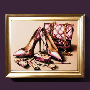 Pastel Drawing Pink Heels Purse Cosmetics Poster