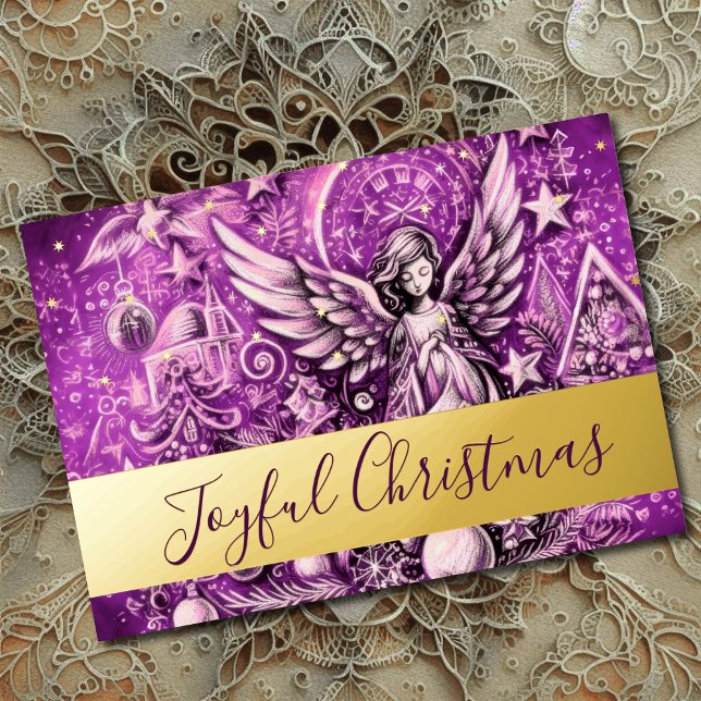 Pastel Drawing Purple Christmas Angel Foil Holiday Card (Creator Uploaded)