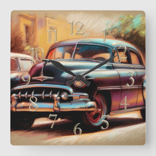 Pastel Drawing Vintage Car 1950 Square Wall Clock